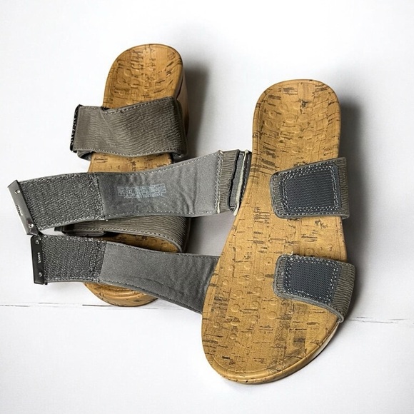 🌻Vionic Gray Pepper Ruched Leather Cork Wedge Slide Sandals Size 7W (wide) - Picture 8 of 11